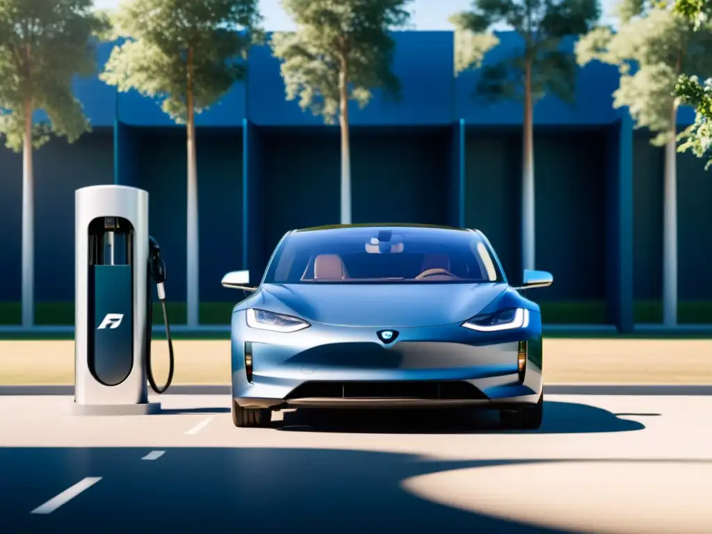 Coche eléctrico azul cargando en estación solar Un auto eléctrico moderno de color azul profundo se carga en una estación solar