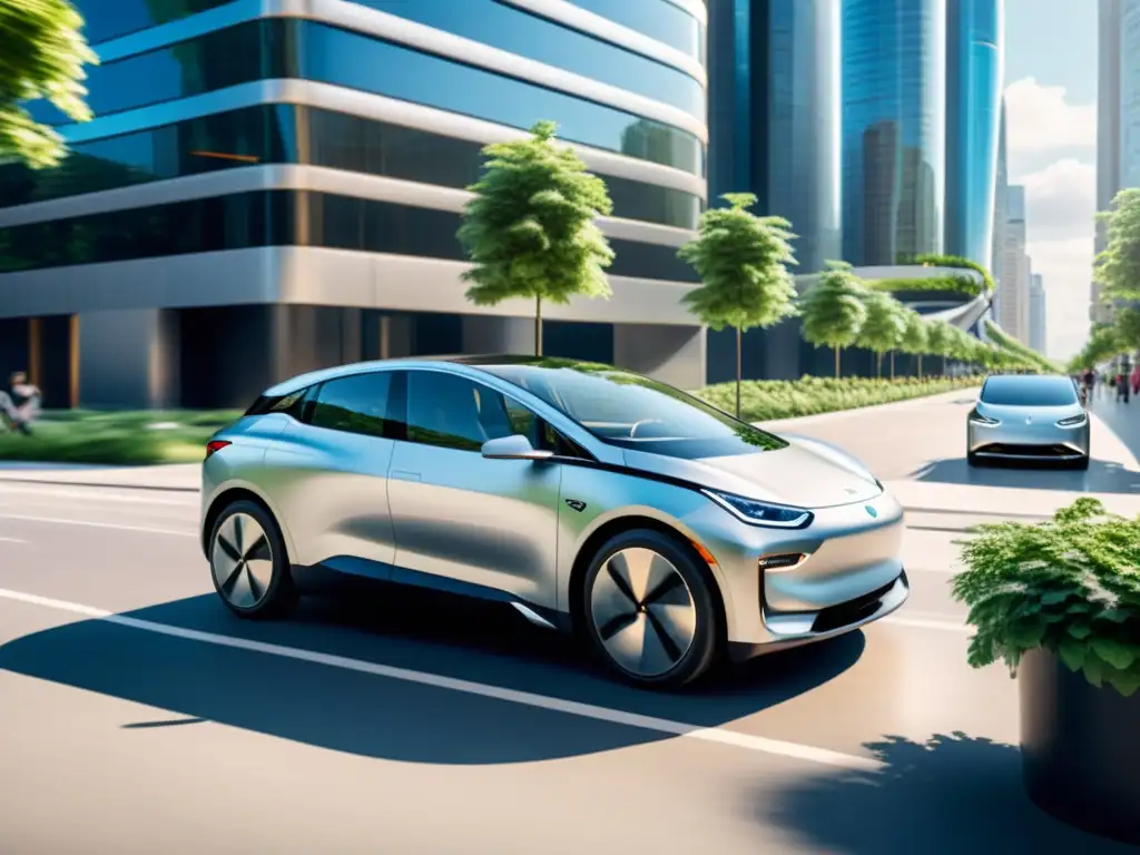 Un auto eléctrico plateado se desliza por un paisaje urbano futurista, mostrando integración vehículos eléctricos paisaje urbano