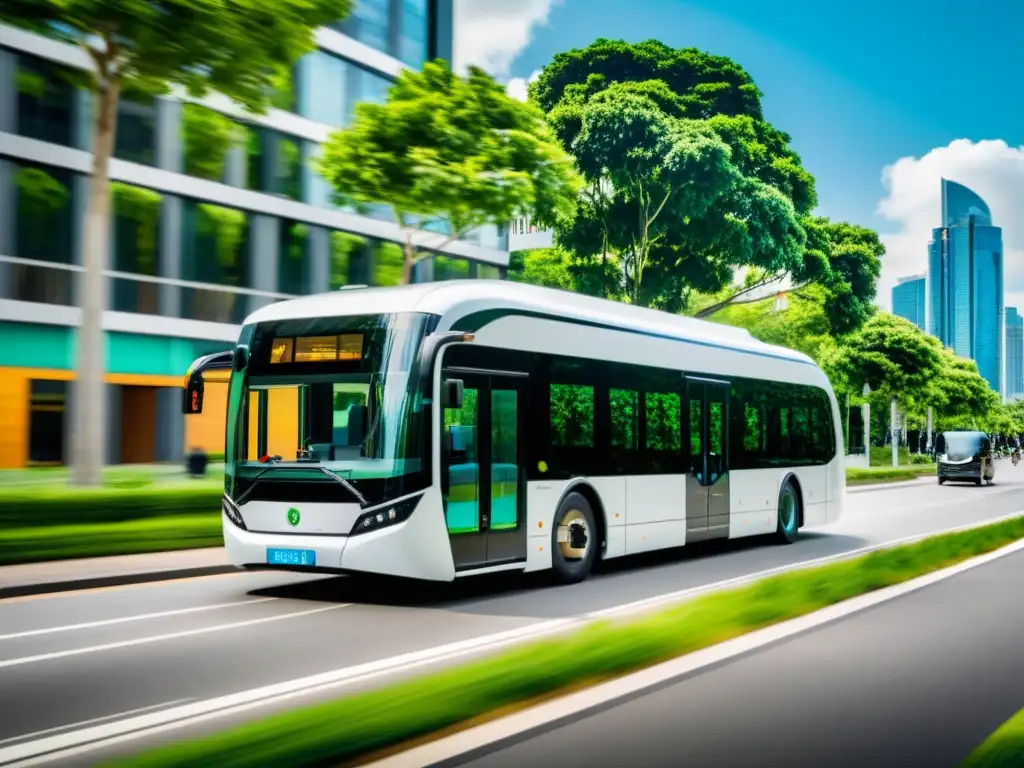 Un autobús eléctrico moderno circula por una calle urbana, rodeado de vegetación exuberante y ciclistas