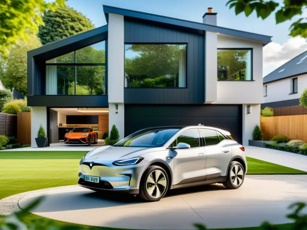 Un automóvil eléctrico familiar espacioso estacionado en el camino de entrada de una casa moderna, con juguetes infantiles esparcidos por el jardín