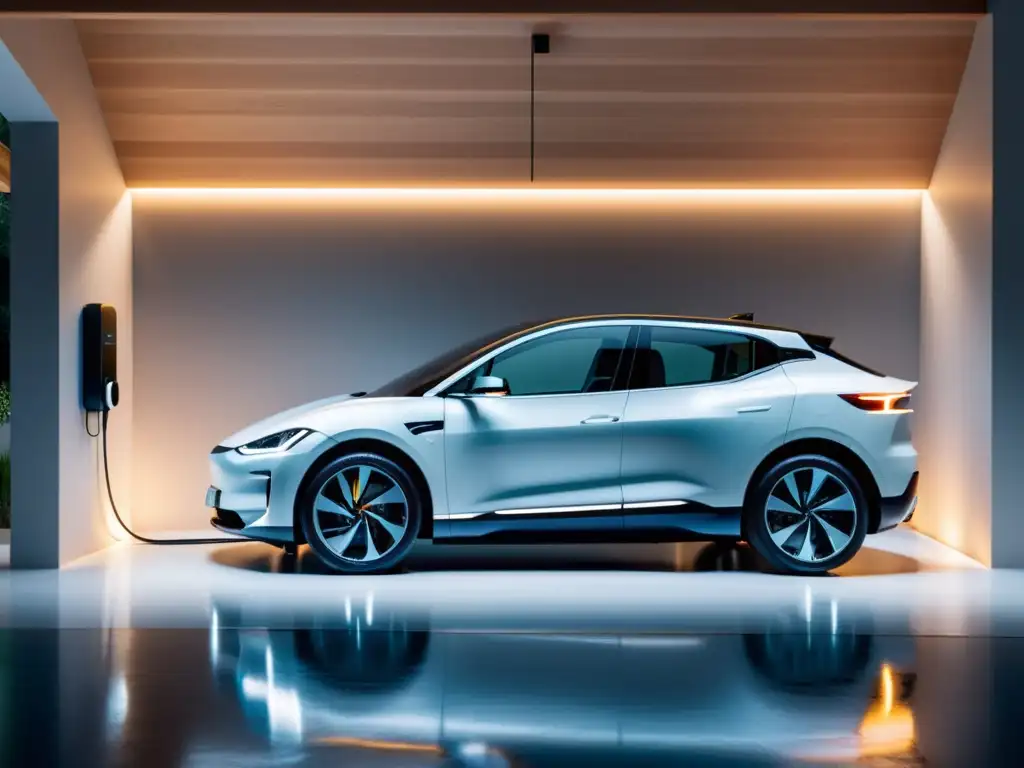 Un automóvil eléctrico moderno integrado en un garaje sostenible, simbolizando la integración de vehículos eléctricos en un hogar sostenible