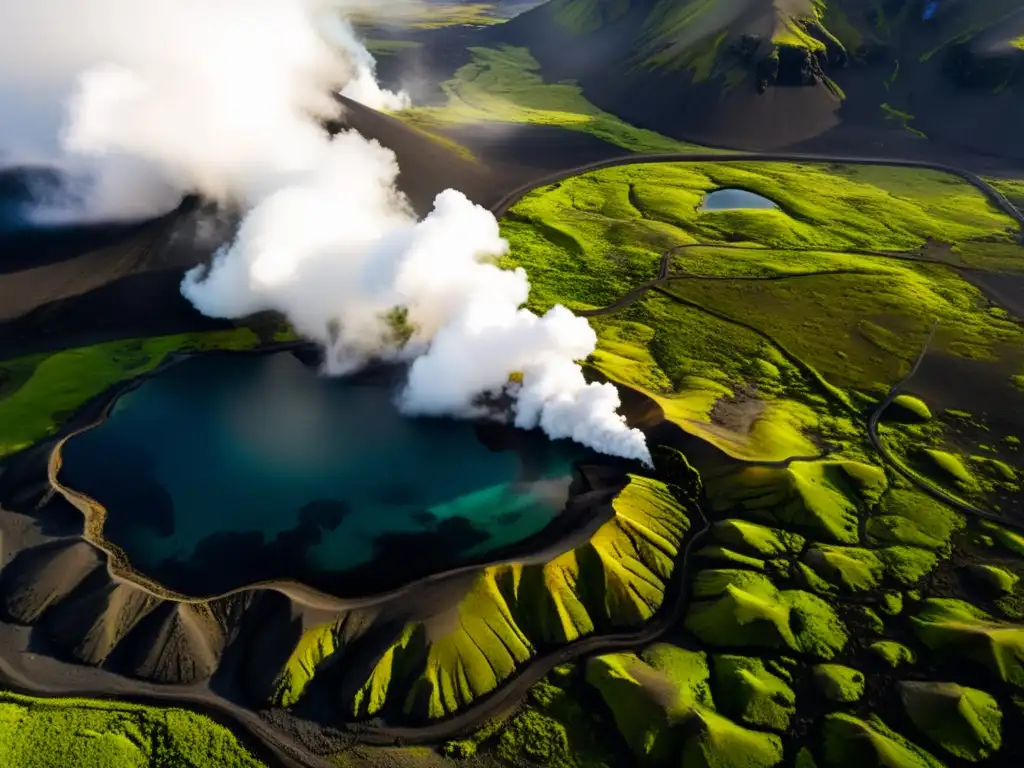 Avance geotermia Islandia potencia volcánica: Paisaje volcánico de Islandia con plantas geotérmicas entre rocas y vapor