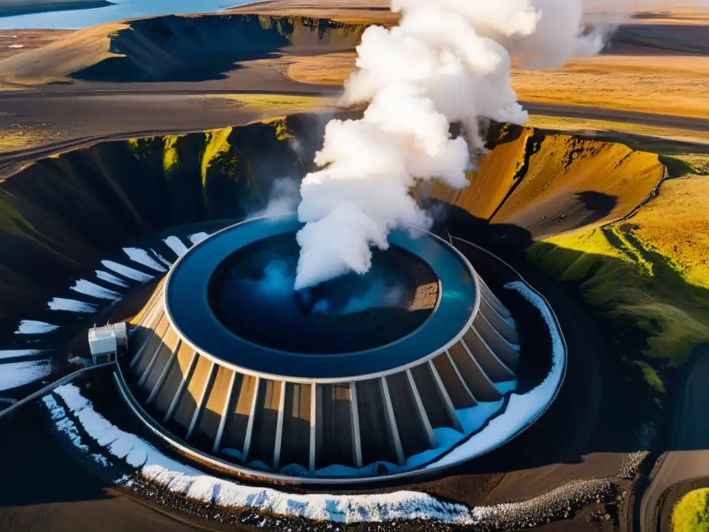 Avance geotermia Islandia potencia volcánica: Planta de energía geotérmica en paisaje volcánico, con vapor y montañas nevadas bajo cielo azul