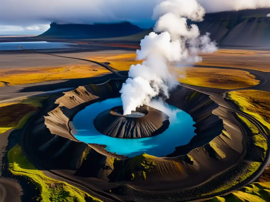 Avance geotermia Islandia potencia volcánica: planta de energía geotérmica en paisaje volcánico, vapor y diseño moderno en armonía con la naturaleza