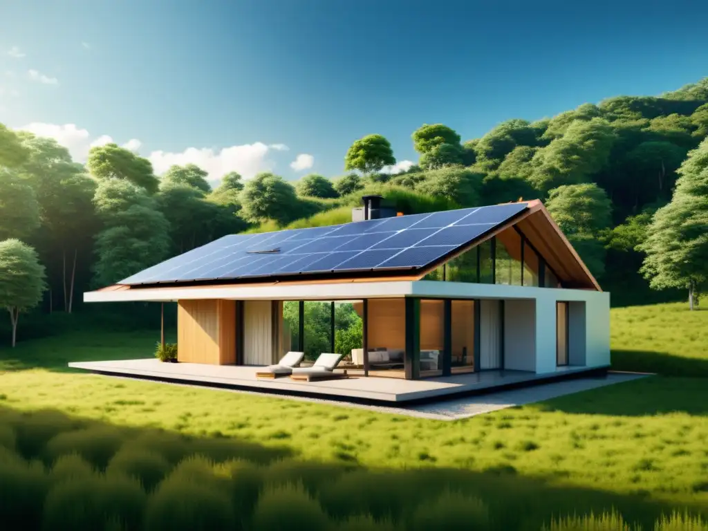 Avances en bioenergía para hogares sostenibles: Casa moderna con paneles solares, rodeada de vegetación y amplias ventanas para luz natural