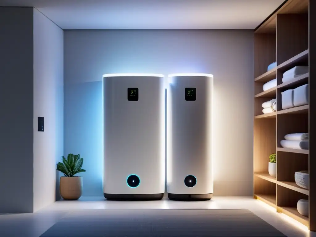 Avances IA almacenamiento energía doméstico: Sistema de almacenamiento energético doméstico moderno con diseño minimalista y tecnología avanzada en una habitación luminosa y limpia