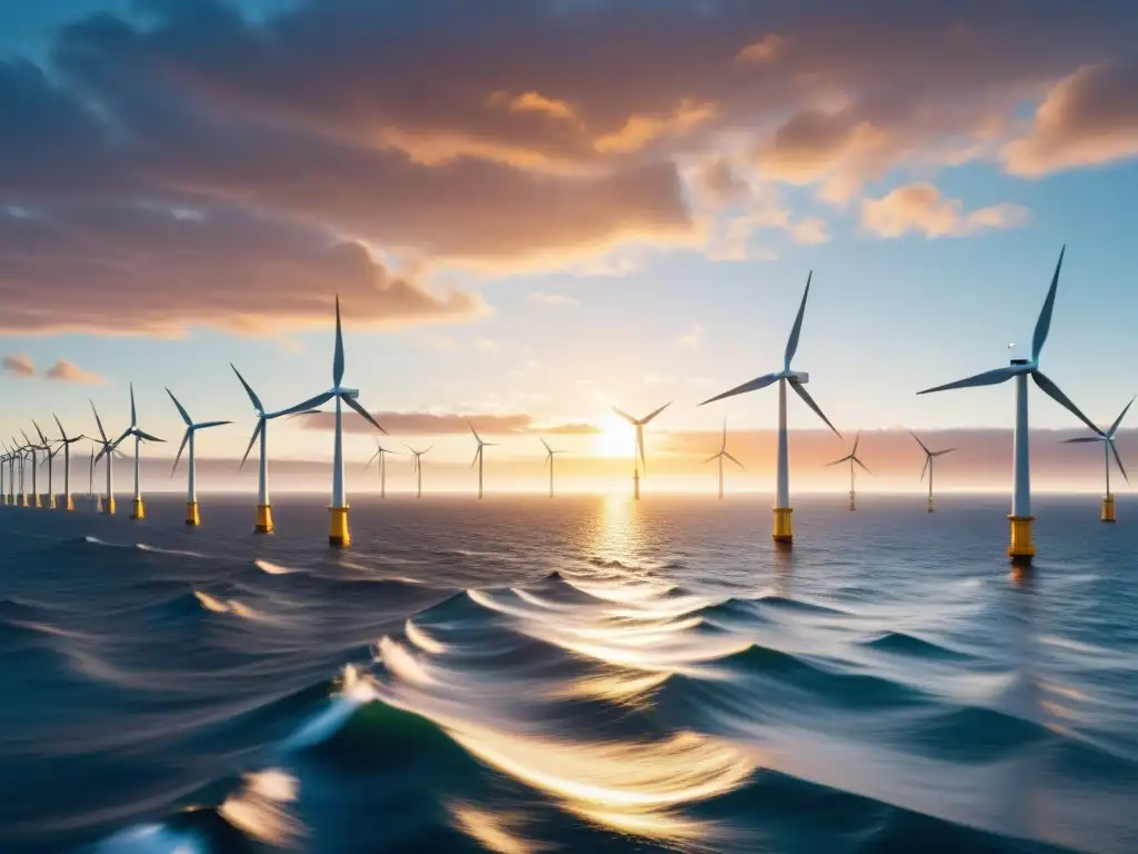 Avances energía eólica offshore: Impactante imagen de un parque eólico marino con turbinas futuristas contra un atardecer dramático y olas brillantes