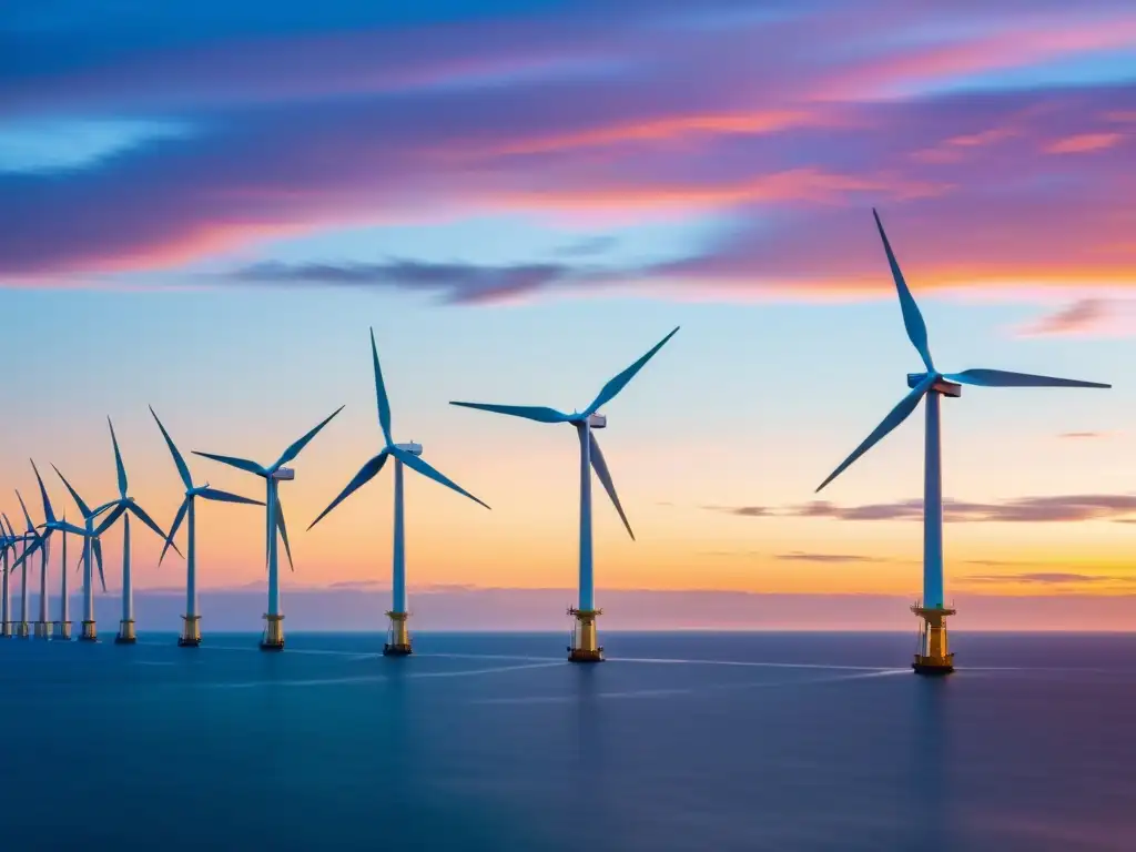 Avances en energía eólica offshore: majestuosos molinos de viento en el mar al atardecer, capturando su serena potencia y belleza minimalista