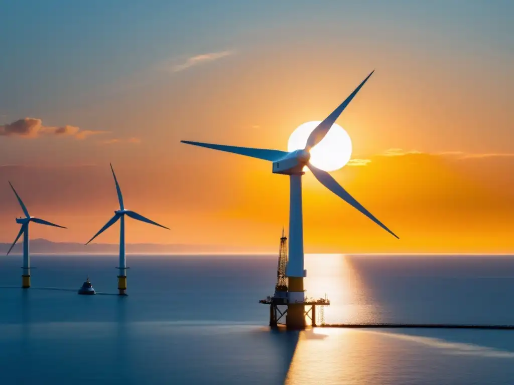 Avances eólica offshore flotante sostenible: majestuosa turbina eólica flotante capturando la energía del viento al atardecer sobre el océano sereno