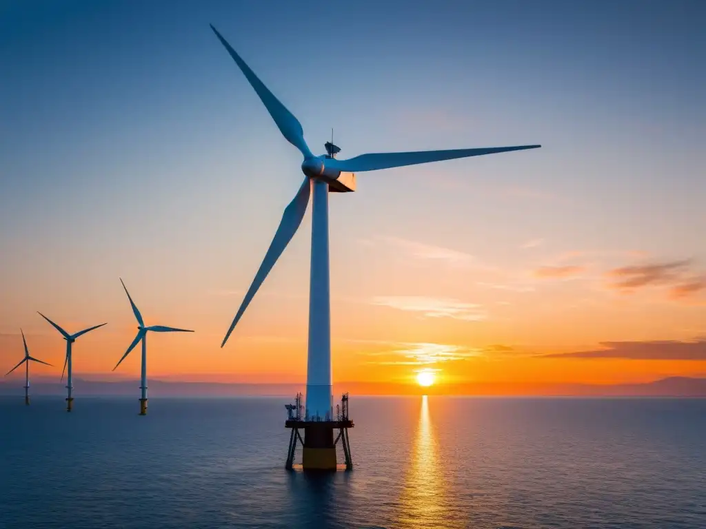 Avances eólica offshore flotante sostenible: Torre eólica flotante en el mar al atardecer, reflejando innovación y armonía ambiental