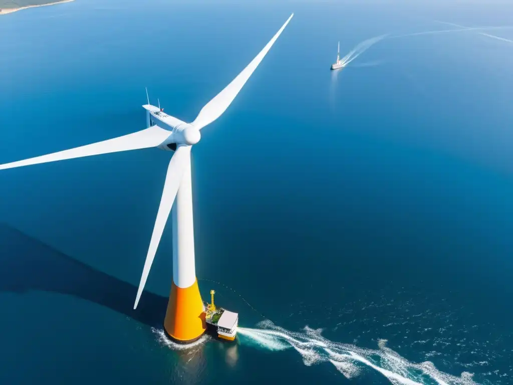 Avances eólicos en imagen de turbina offshore flotante sostenible, elegante y eficiente, sobre un mar azul calmado