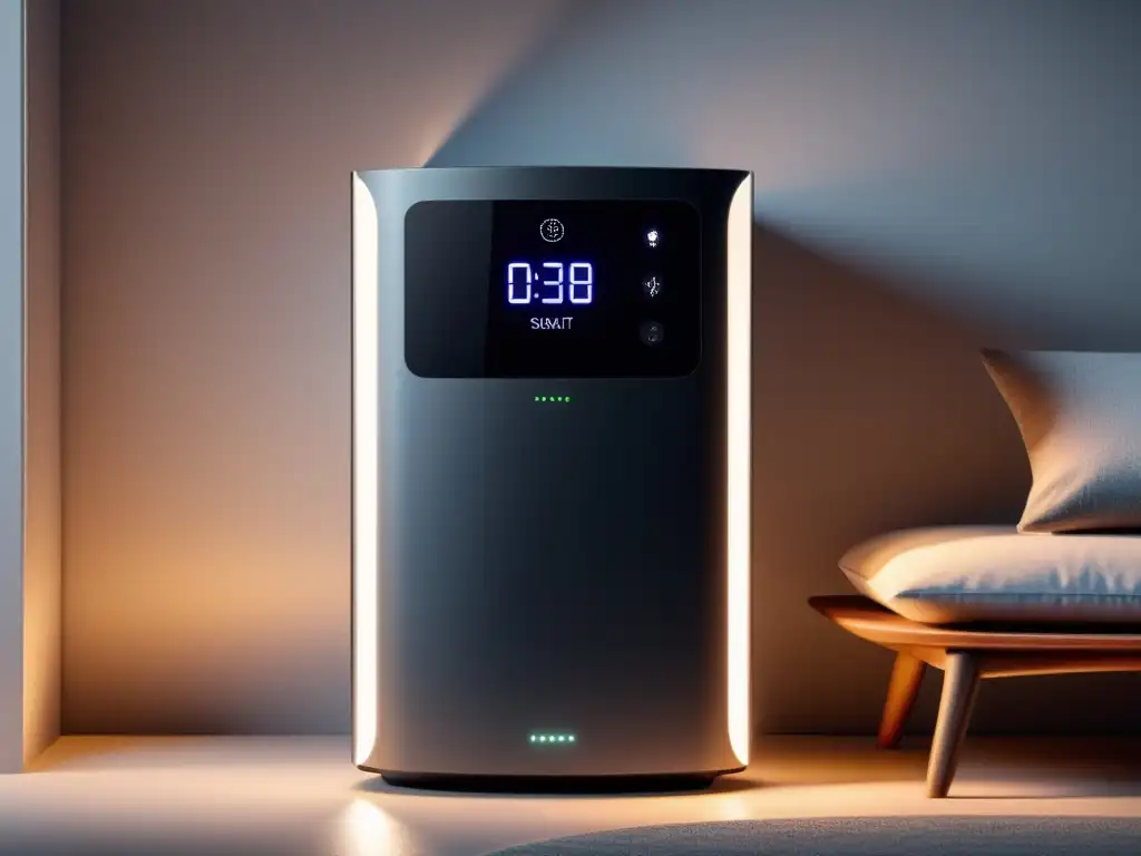 Avances IA en almacenamiento de energía doméstico: sistema elegante con IA integrada y diseño minimalista, iluminado suavemente