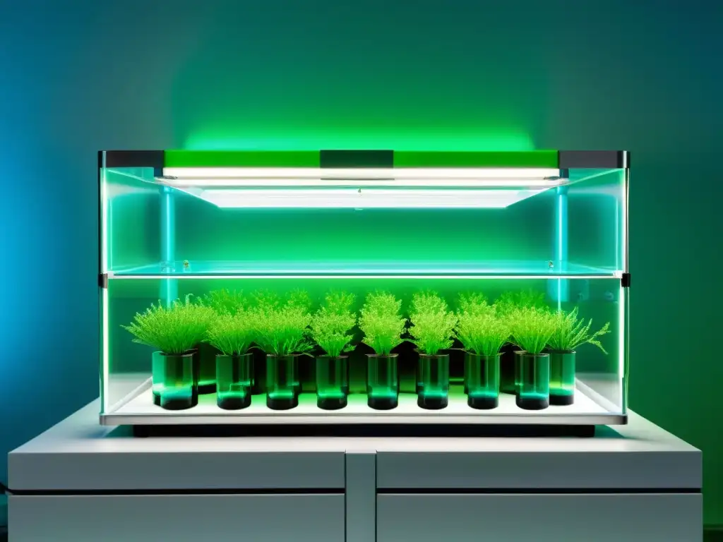 Avances recientes en tecnología de algas sostenibles: Bioreactor con diseño moderno, tubos claros, algas verdes vibrantes y luces LED azules y verdes