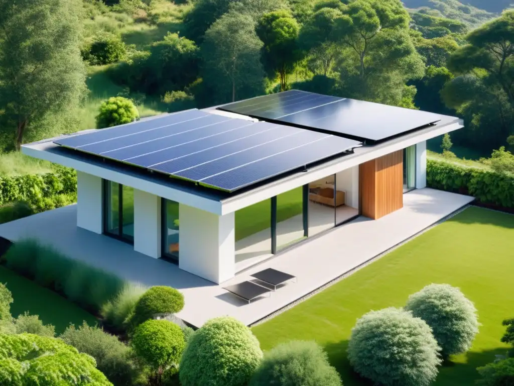 Avances tecnológicos en bioenergía para hogares sostenibles: Casa moderna con paneles solares, rodeada de naturaleza y cielo azul