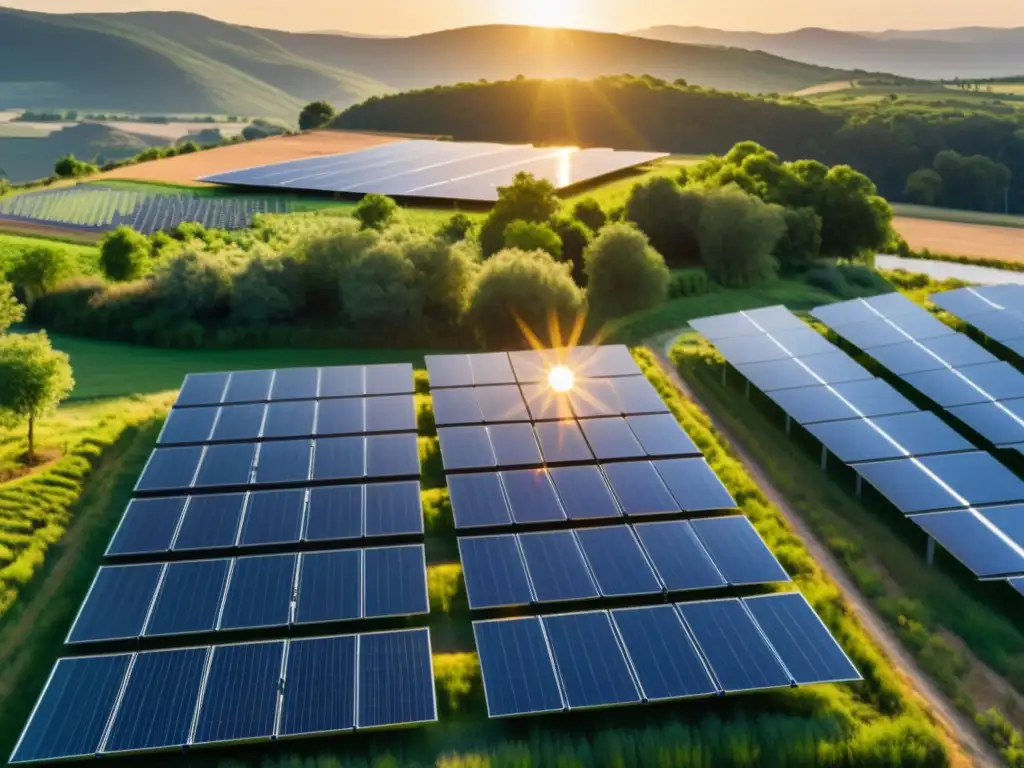 Avances tecnológicos: paneles solares integrados en comunidad rural, con paisaje iluminado por el sol y exuberante vegetación