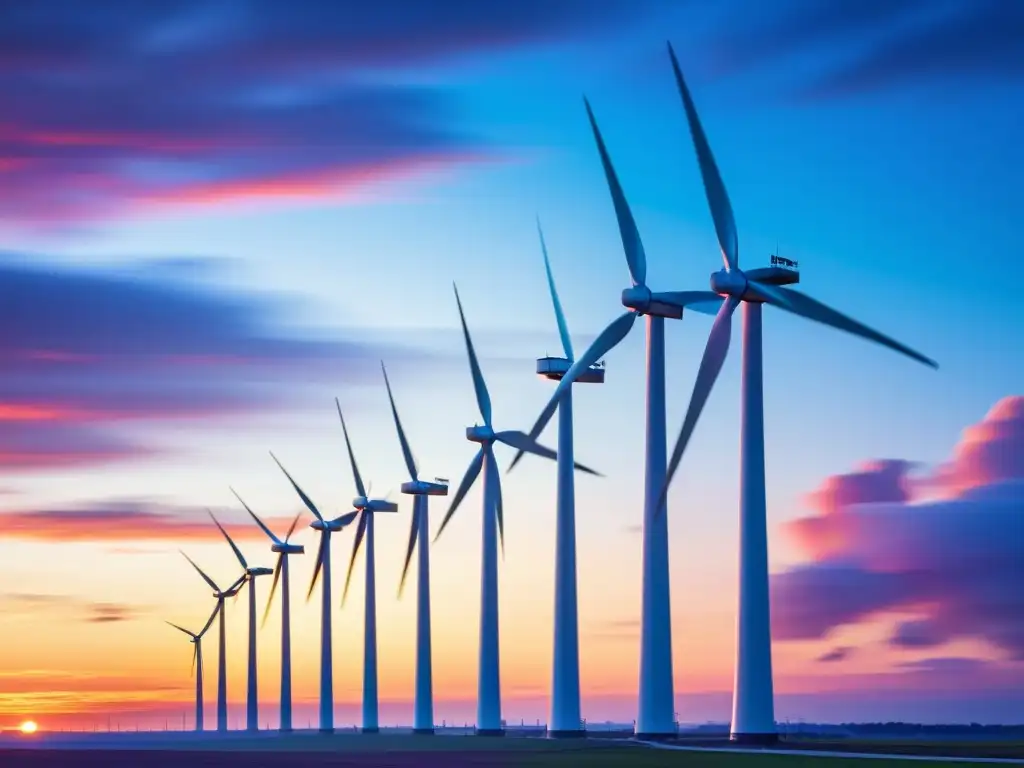 Avances tecnológicos turbinas eólicas: Impresionante granja eólica moderna al amanecer, con turbinas elegantes destacándose contra el cielo vibrante