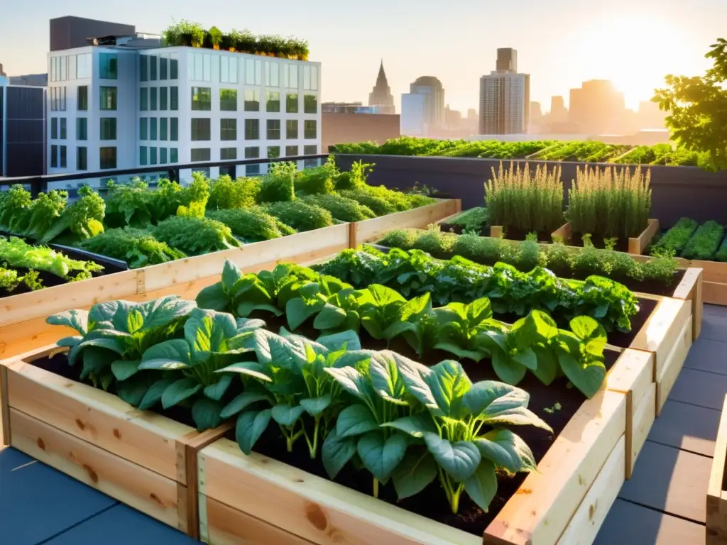 Un jardín en la azotea de la ciudad con cultivo urbano de alimentos sostenibles, bañado por la cálida luz dorada