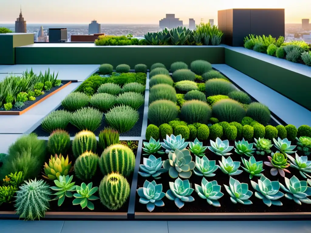 Un jardín de azotea minimalista con plantas verdes vibrantes en patrones geométricos