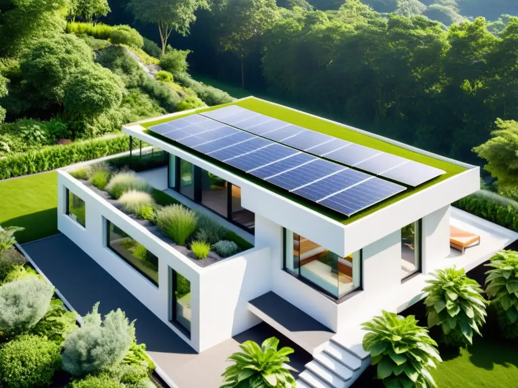 Un jardín en la azotea con paneles solares y vegetación vibrante, fusionando naturaleza y tecnología en un hogar sostenible