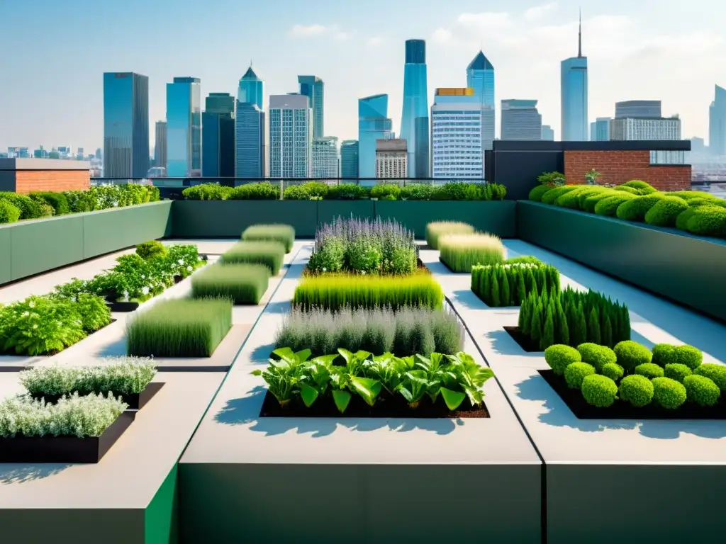 Un jardín en la azotea con plantas verdes vibrantes y diseño geométrico, creando un oasis sereno en la ciudad