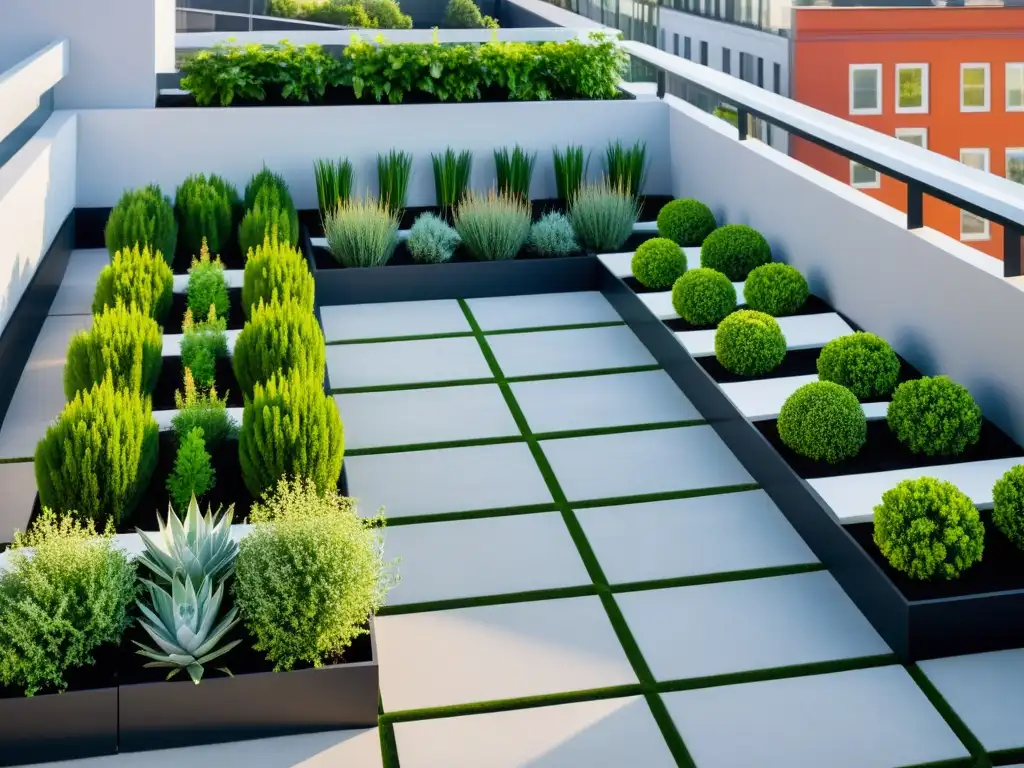 Un jardín en la azotea con plantas vibrantes y patrones geométricos