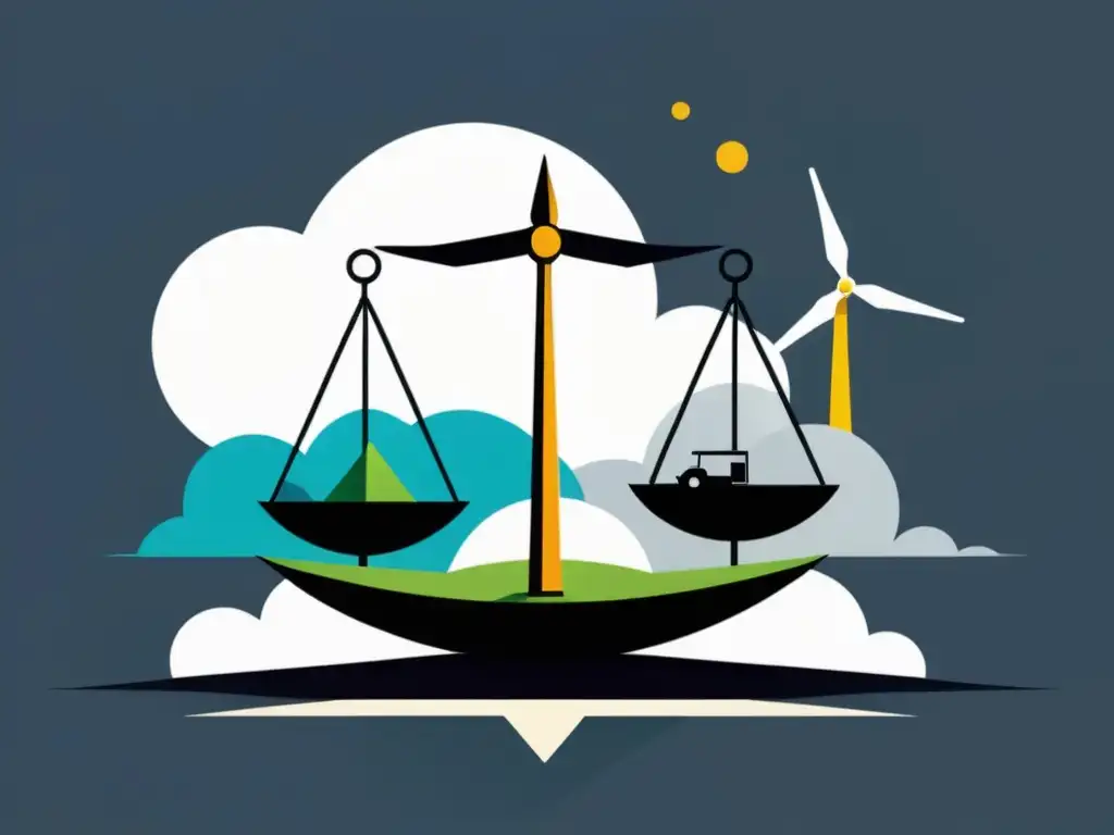 Balanza con nubes oscuras y energía limpia, representa desafíos y oportunidades en legislación energías limpias