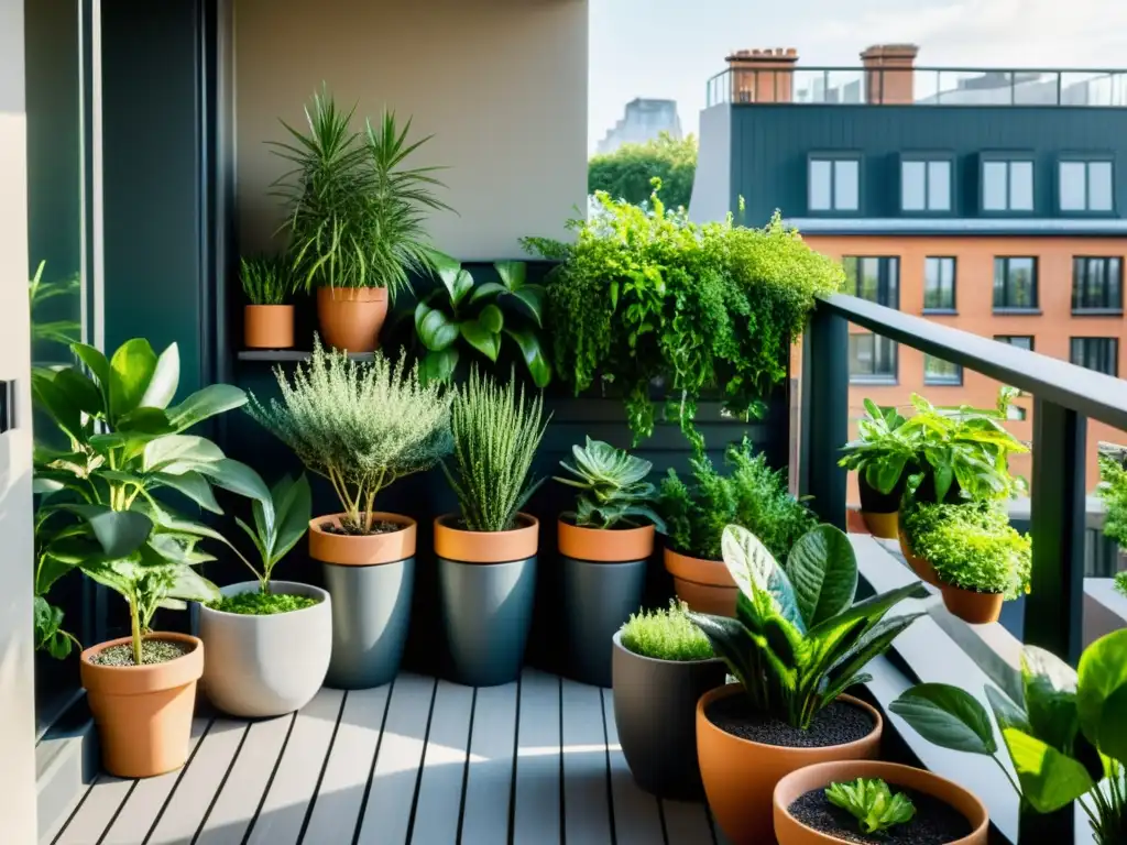 Un balcón urbano con jardinería sostenible y plantas etiquetadas, bañado por la cálida luz del sol