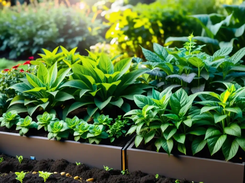 Un bancales elevados bien cuidado, con plantas vibrantes y saludables en suelo fértil