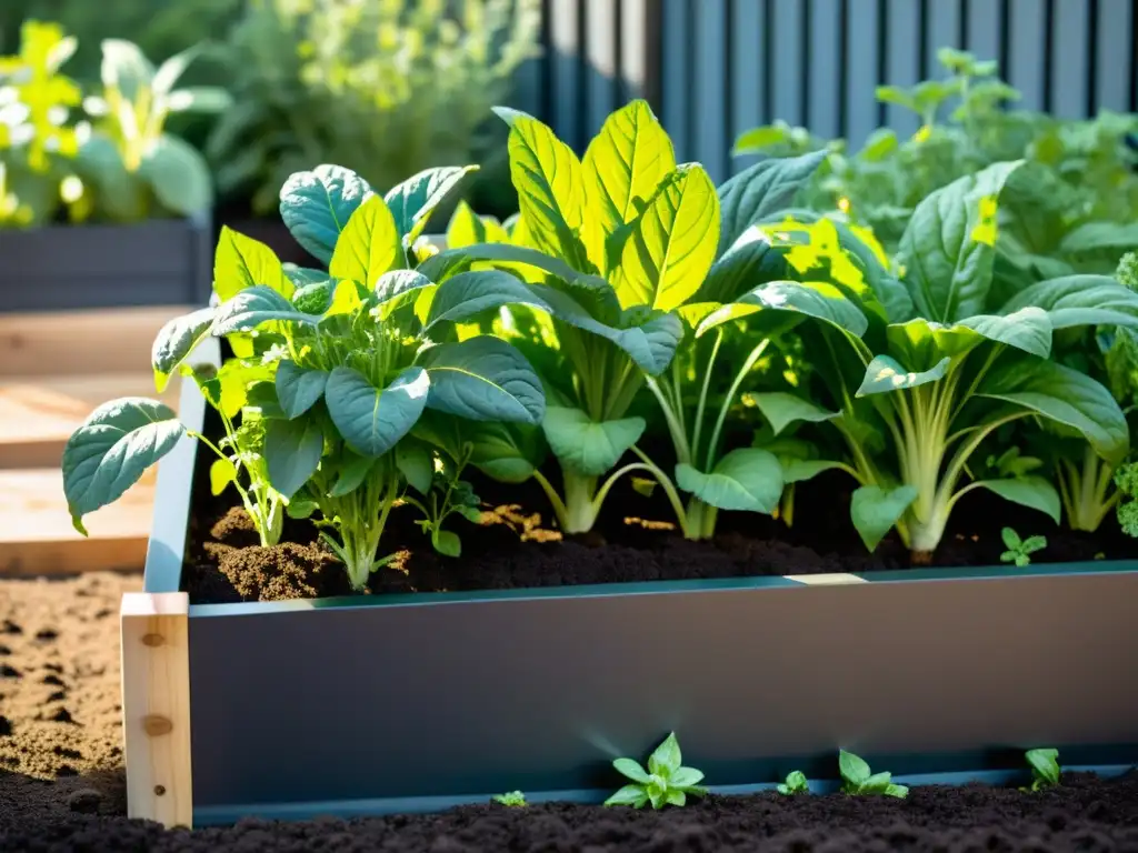 Un bancales elevados con vegetales prósperos y hierbas, bañados por la luz solar