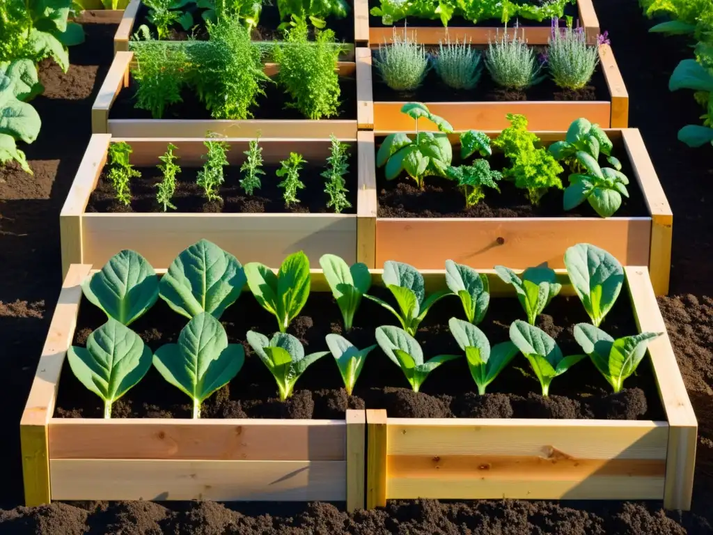 Bancales elevados de madera recuperada con vegetales vibrantes bañados por el cálido sol, evocando los beneficios de los bancales elevados