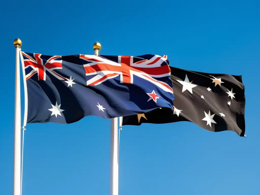 Bandera de Australia y Nueva Zelanda juntas en el cielo azul, simbolizando la cooperación por políticas de energía limpia en Oceanía