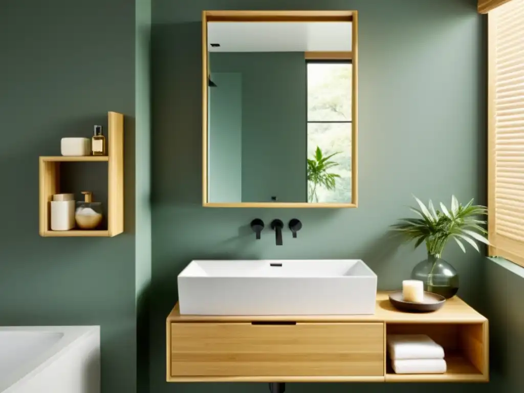 Un baño minimalista con detalles de bambú sostenible y soluciones de almacenamiento eficientes