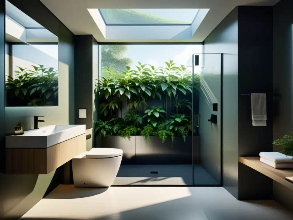 Un baño moderno con inodoros ecofriendly conectados al ahorro de agua de lluvia, con luz natural y vegetación