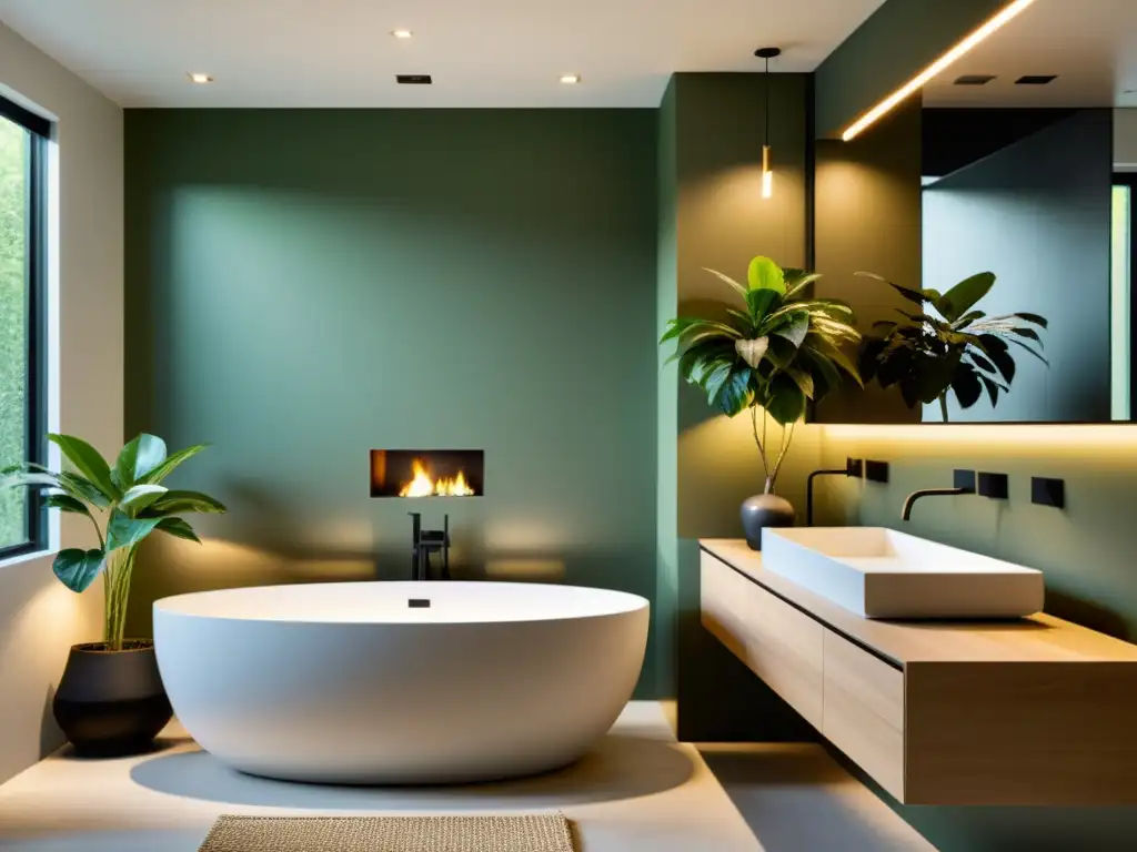 Un baño moderno y minimalista con elementos sostenibles y una planta verde