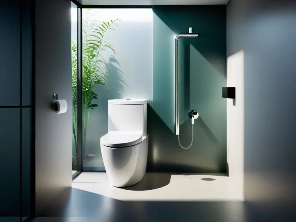 Baño moderno con sistema de ahorro de agua de lluvia en inodoro, integrando tecnología sostenible en un entorno elegante