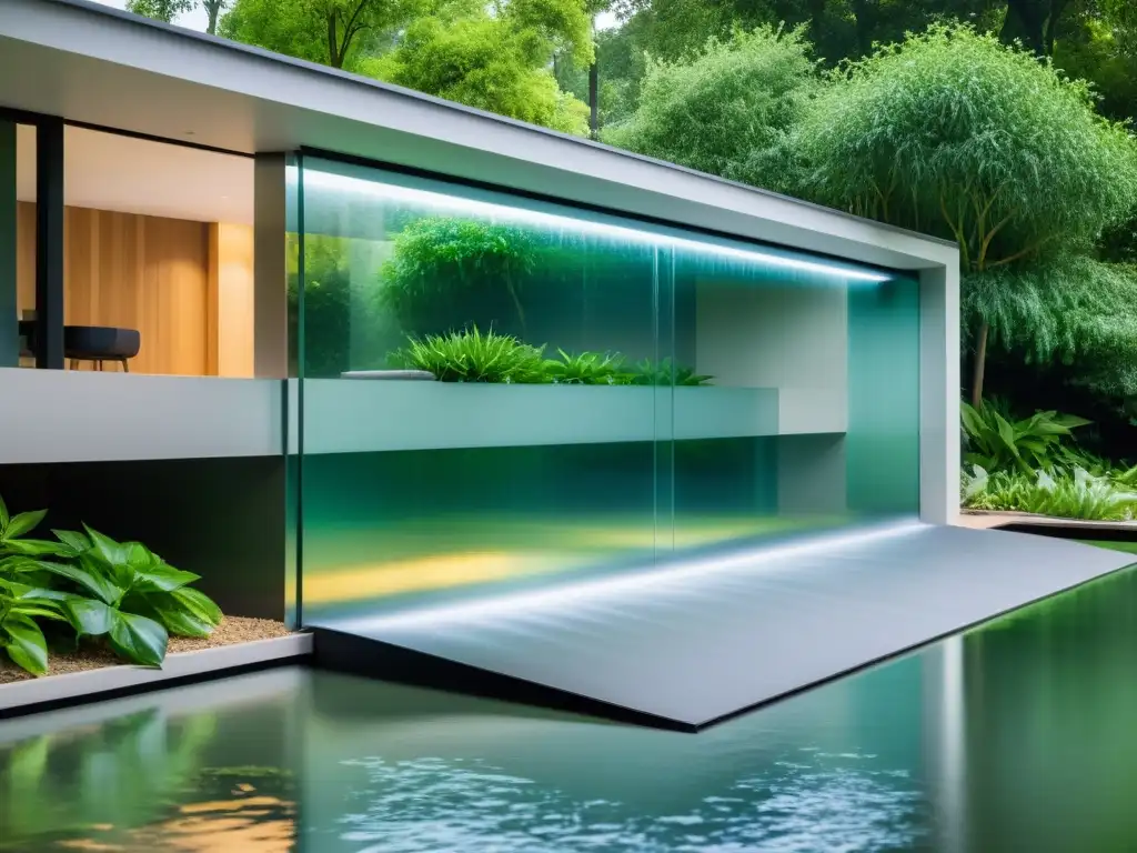 Barreras inteligentes contra inundaciones: Moderna casa segura con sistema futurista de protección, rodeada de vegetación exuberante