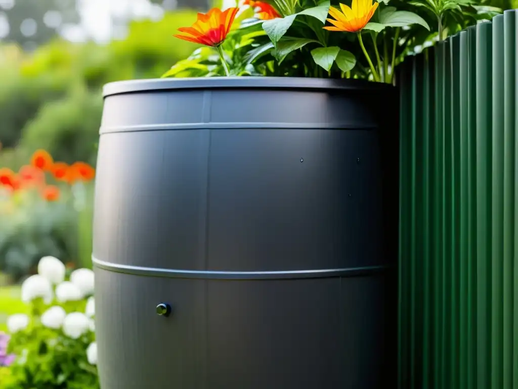 Un barril de lluvia negro mate en un jardín exuberante