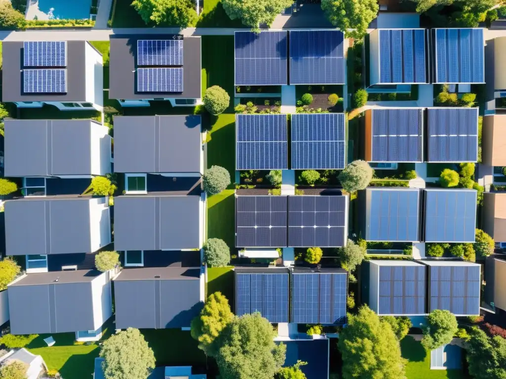 Barrio moderno con paneles solares en techos, rodeado de naturaleza exuberante