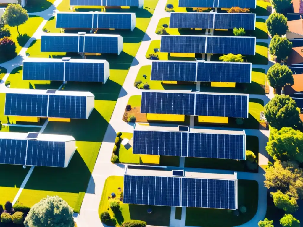 Barrio residencial con paneles solares modernos en los techos