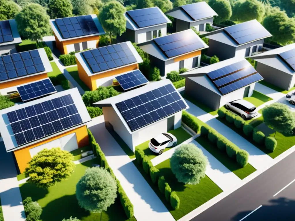 Eco barrio sostenible con paneles solares y vehículos eléctricos Barrio residencial con paneles solares, vehículos eléctricos y naturaleza exuberante