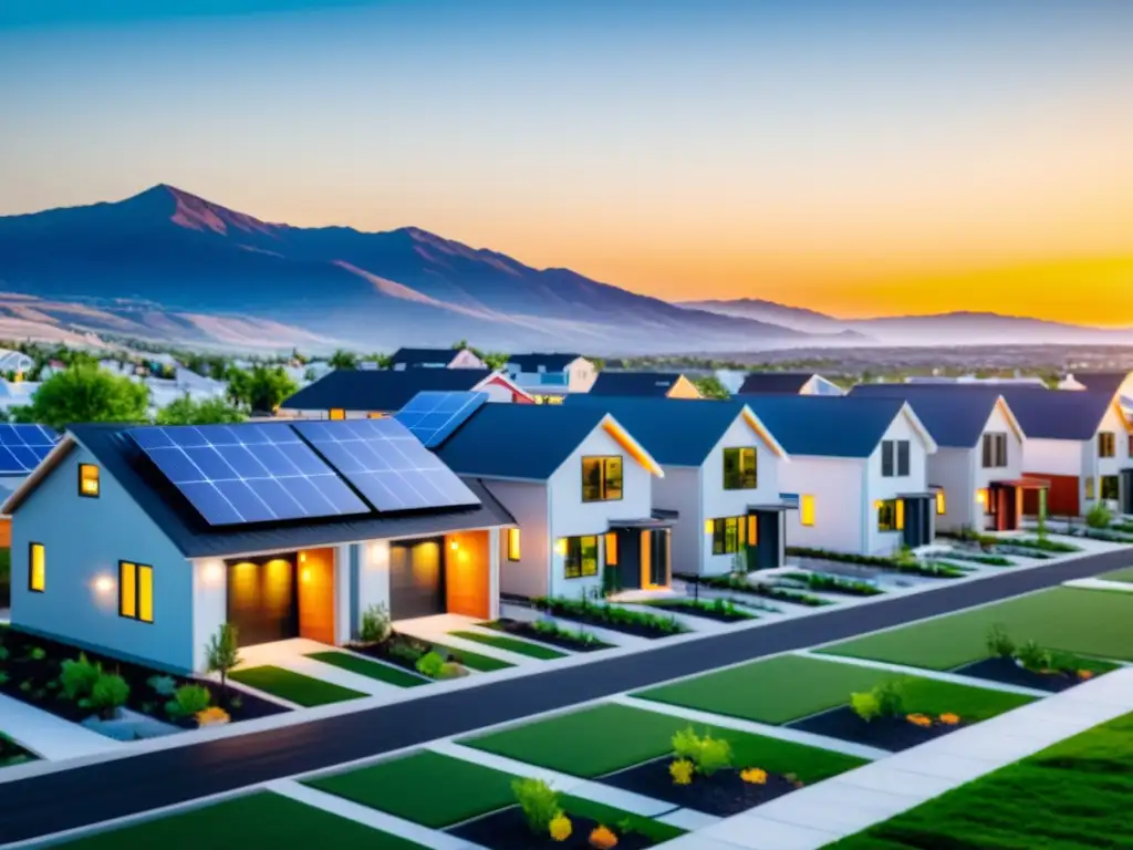 Barrio sostenible con casas modernas, paneles solares y turbinas eólicas