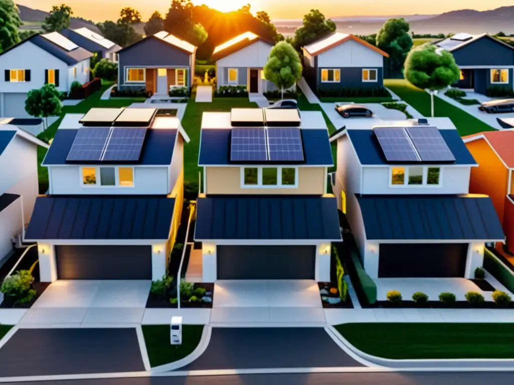 Barrio suburbano sereno con casas alineadas y paneles solares