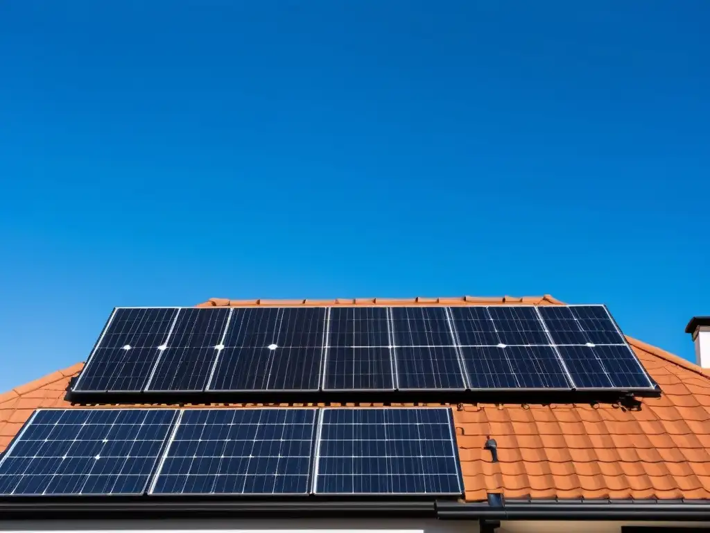 Batería solar eficiente integrada en casa sostenible, fusionando tecnología renovable con arquitectura residencial, bajo cielo azul