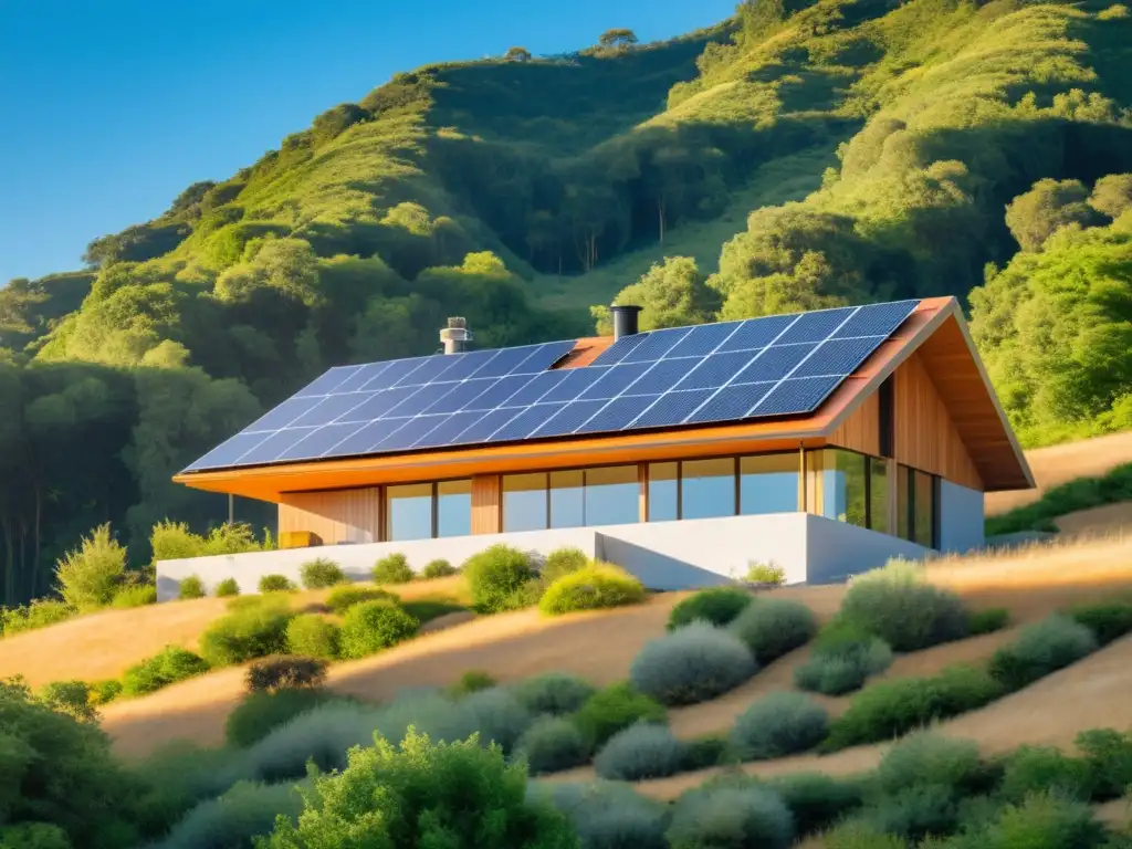 Baterías de ácido plomo para hogar sostenible: moderna casa offgrid con paneles solares, rodeada de exuberante vegetación bajo cielo azul