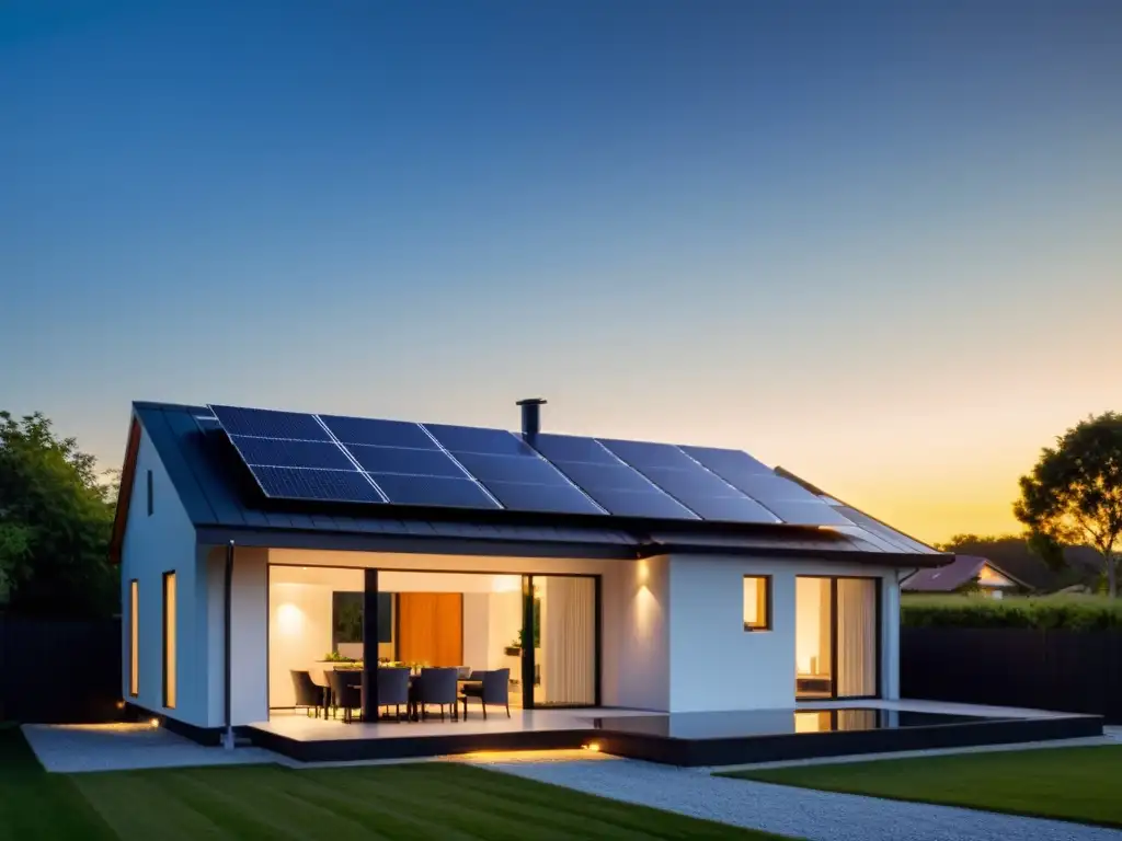 Baterías domésticas energía solar: Moderna casa ecoamigable con paneles solares en el techo y un brillo cálido del sol