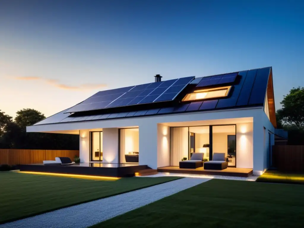 Baterías domésticas para energía solar: Moderna casa con paneles solares captando la luz del sol y almacenando energía en baterías de alta tecnología