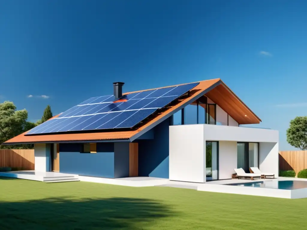 Baterías domésticas para energía solar: Casa moderna con paneles solares captando la luz del sol y convirtiéndola en energía