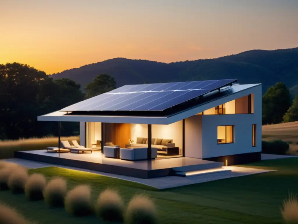 Baterías domésticas para energía solar: Moderna casa con paneles solares integrados en el techo, iluminada por la cálida luz del atardecer