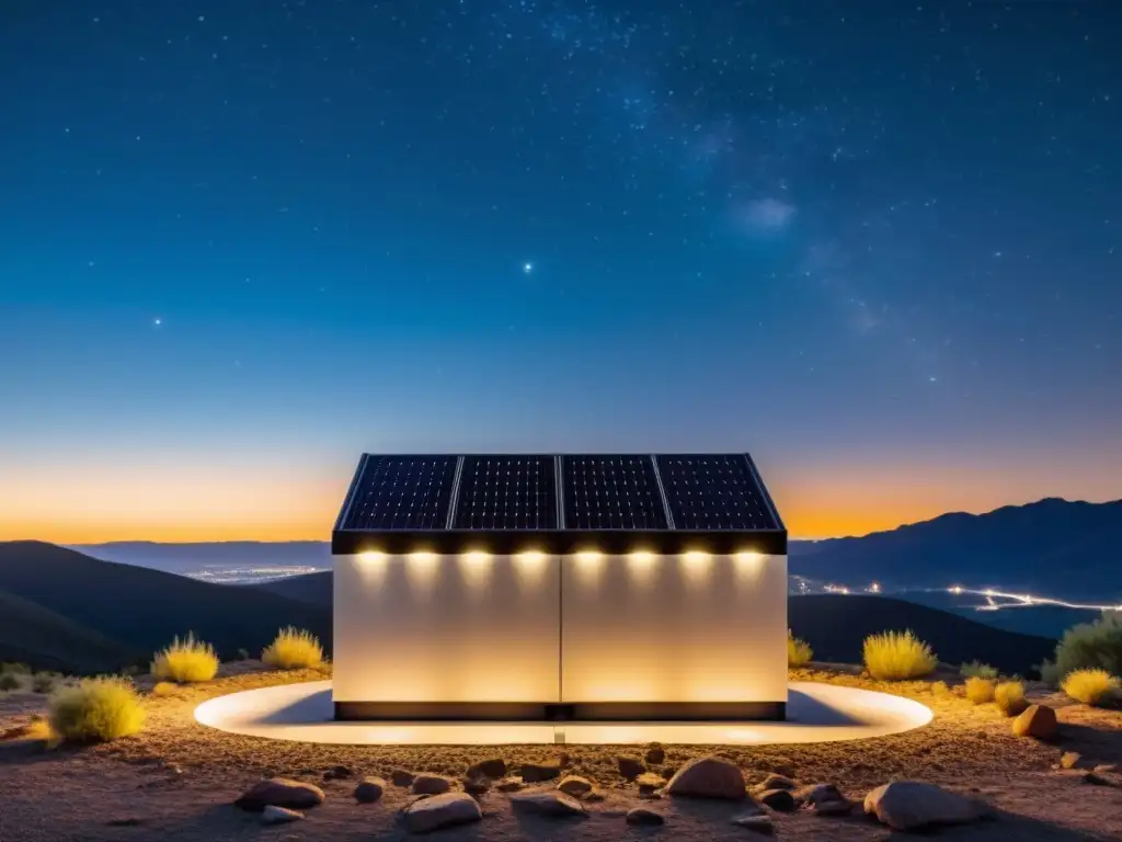 Baterías para energía solar nocturna: moderno sistema solar en la noche estrellada, iluminando con eficiencia tecnológica