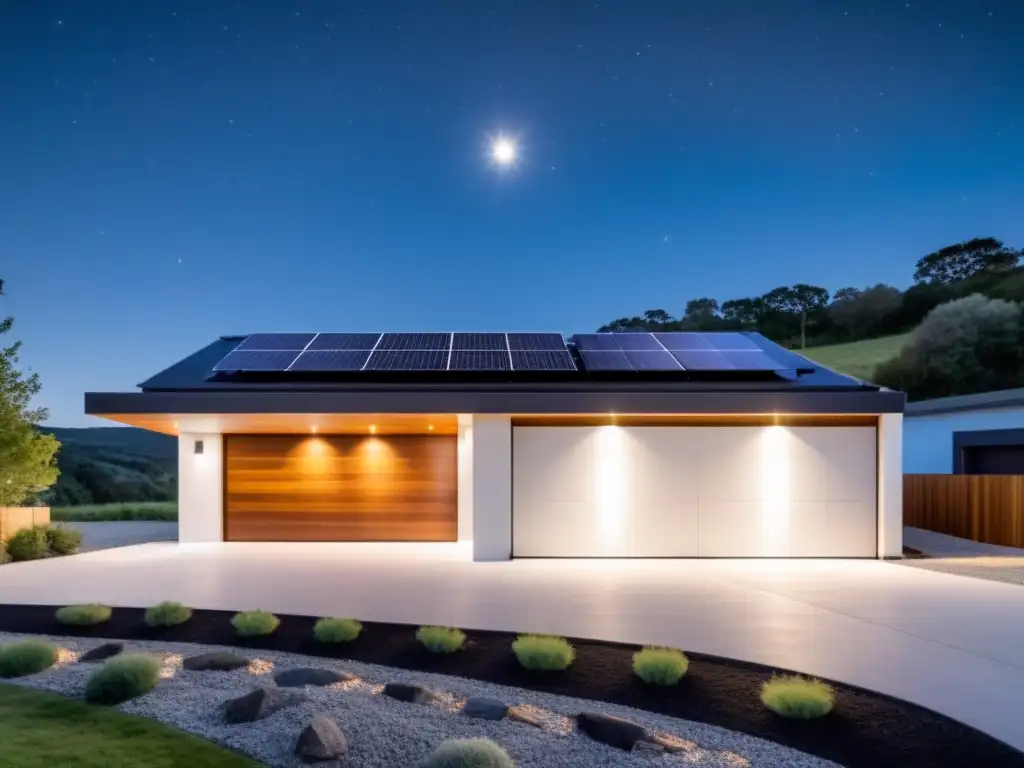 Baterías para energía solar nocturna: casa moderna con paneles solares, batería de almacenamiento y cielo estrellado iluminado por la luna